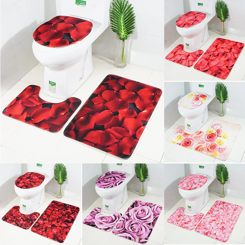 

3Pcs/set Bathroom Rose Bath Mat Set Flannel Anti-Slip Kitchen Bath Mat Carpet Bathroom Toilet Rug Washable Tapete Banheiro