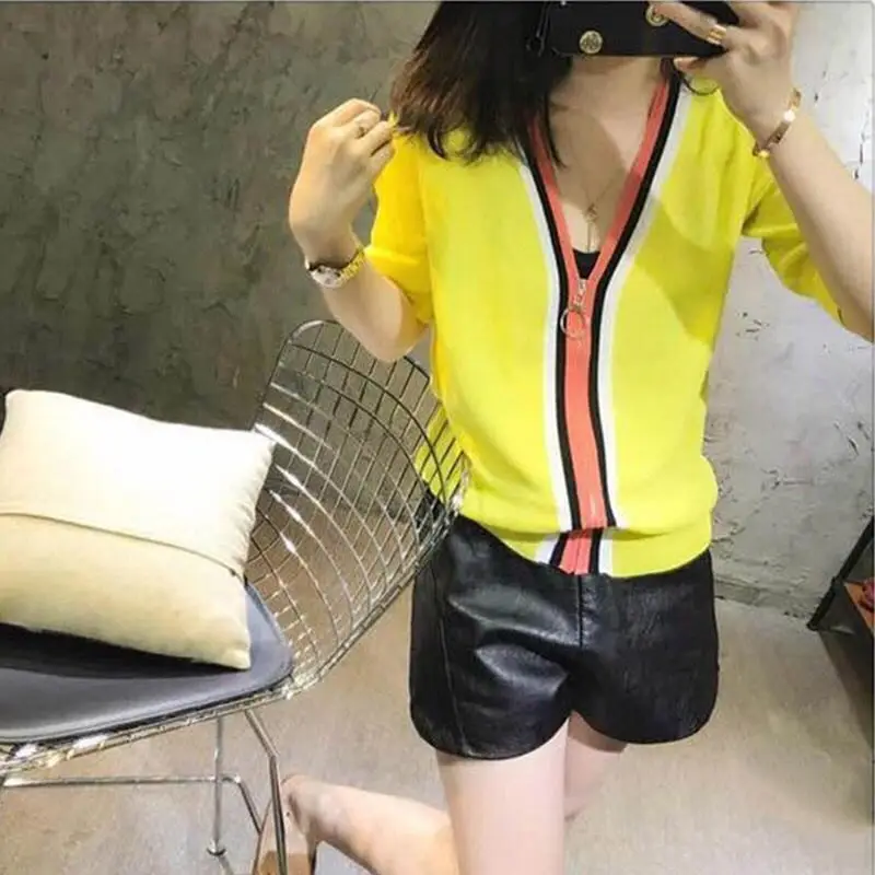 

Summer sunscreen loose candy color short sleeve v-neck thin zipper cardigan top sweater coat women