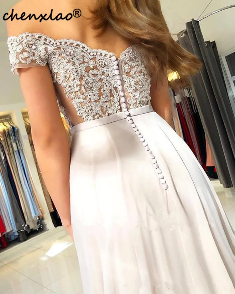 

Popular A-Line Prom Dresses with Lace Appliques Crystals Off Shoulder Sweetheart Chiffon Formal Party Evening Gowns Custom Made
