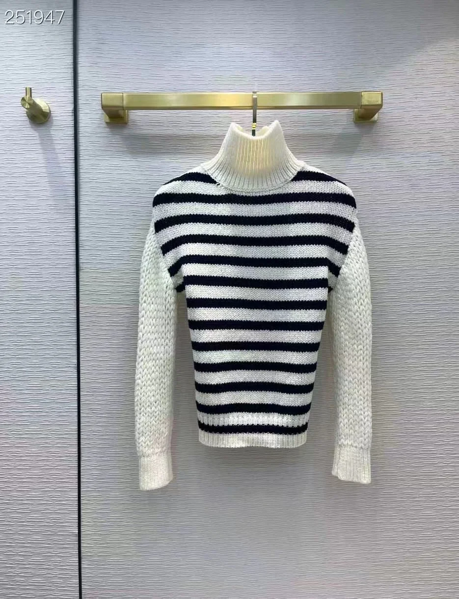 

Fyion High Quality Runway Design Sweater Women 2022 Spring Stripes Print Knitted Pullover Femme Backless Sweater