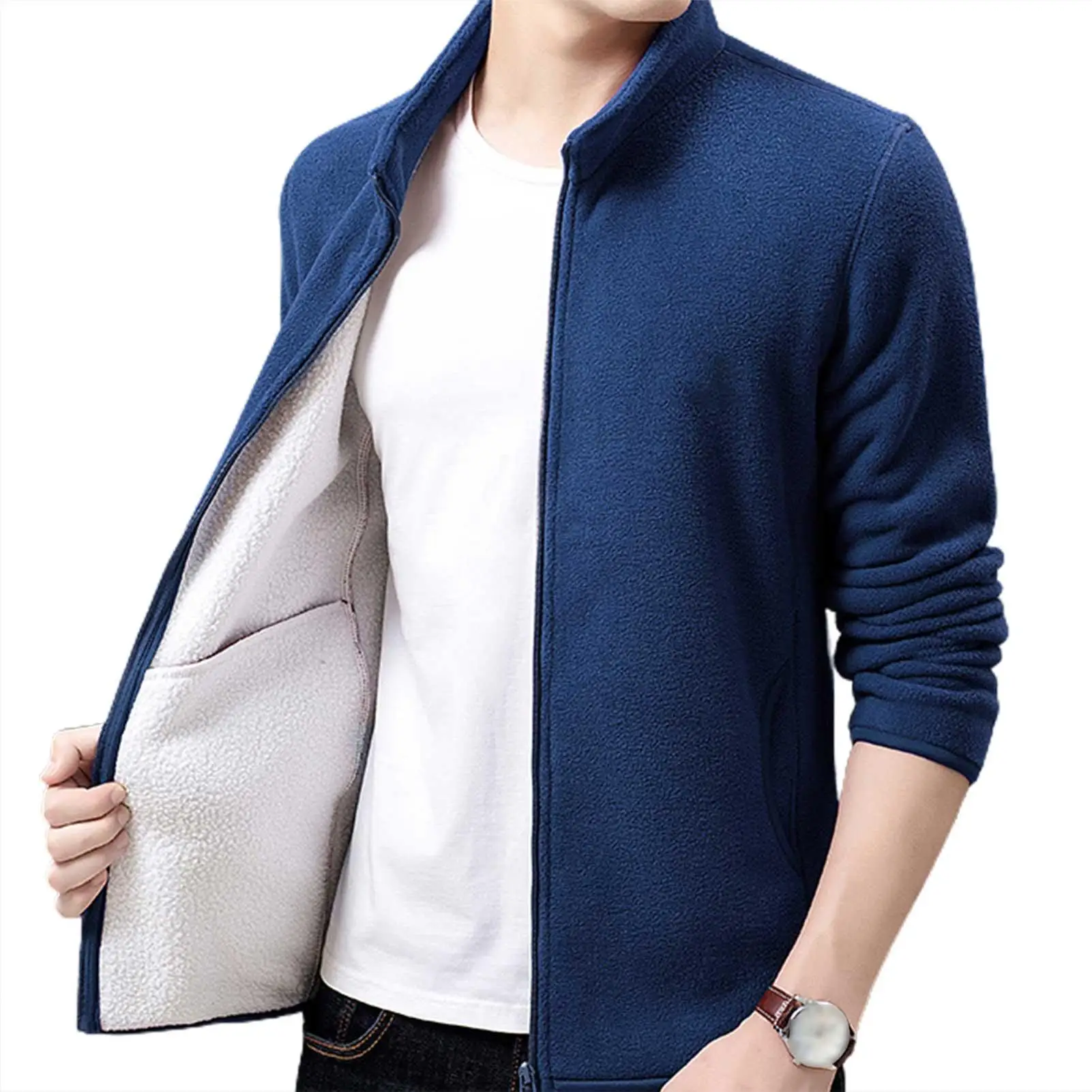 

Men Autumn Winter Stand Collar Long Sleeve Coat Plush Warm Zip Jacket Outerwear