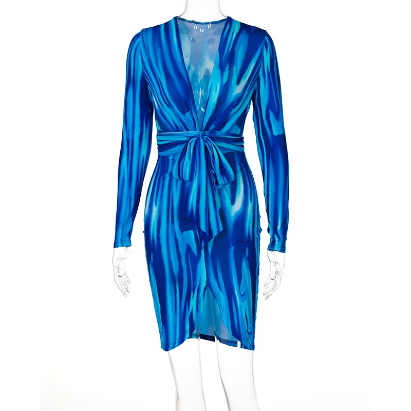

Sexy Multicolor Deep V Neck Long Sleeve Dresses Women 2021 Autumn Fashion Print Bodycon Sashes Dress Birthday Party Club Outfits
