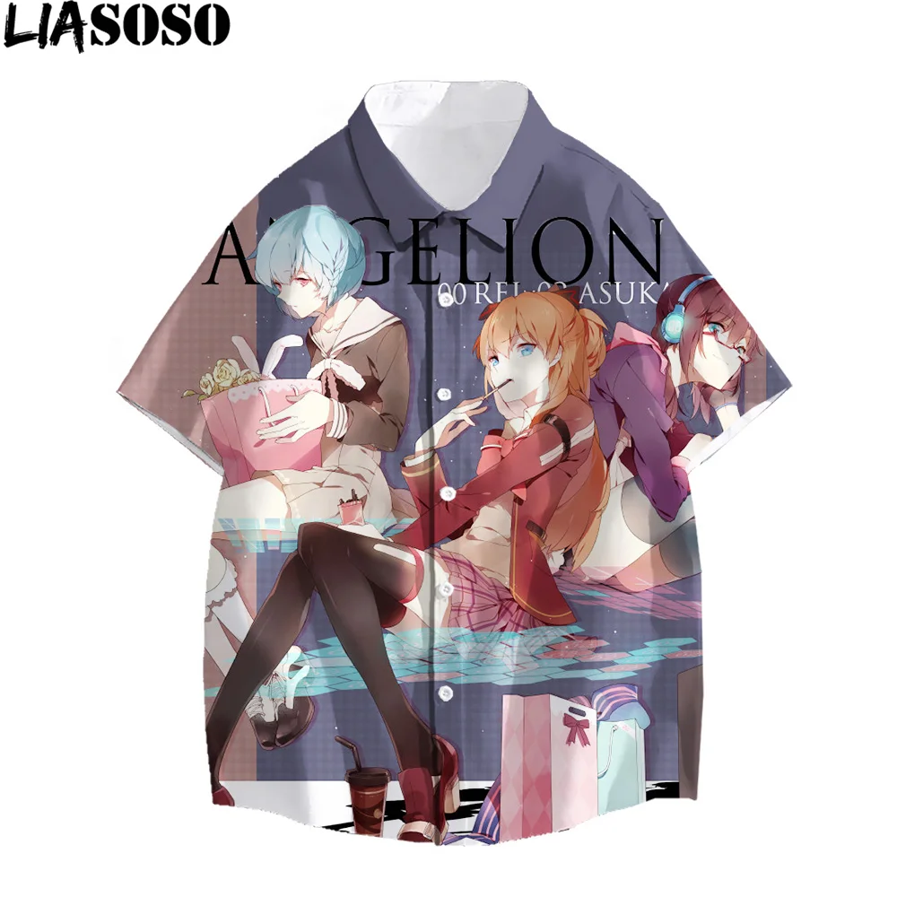 

LIASOSO 2021 3D Print Summer Men Casual Shirts Fashion Hawaiian Short-Sleeve Shirts Holiday Streetwear Anime Evangelion Women