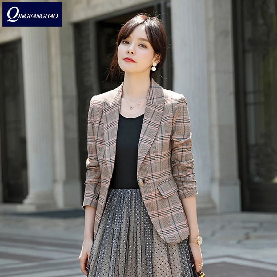 Женский приталенный Блейзер, повседневный клетчатый пиджак в Корейском стиле, Дамские топы от AliExpress RU&CIS NEW