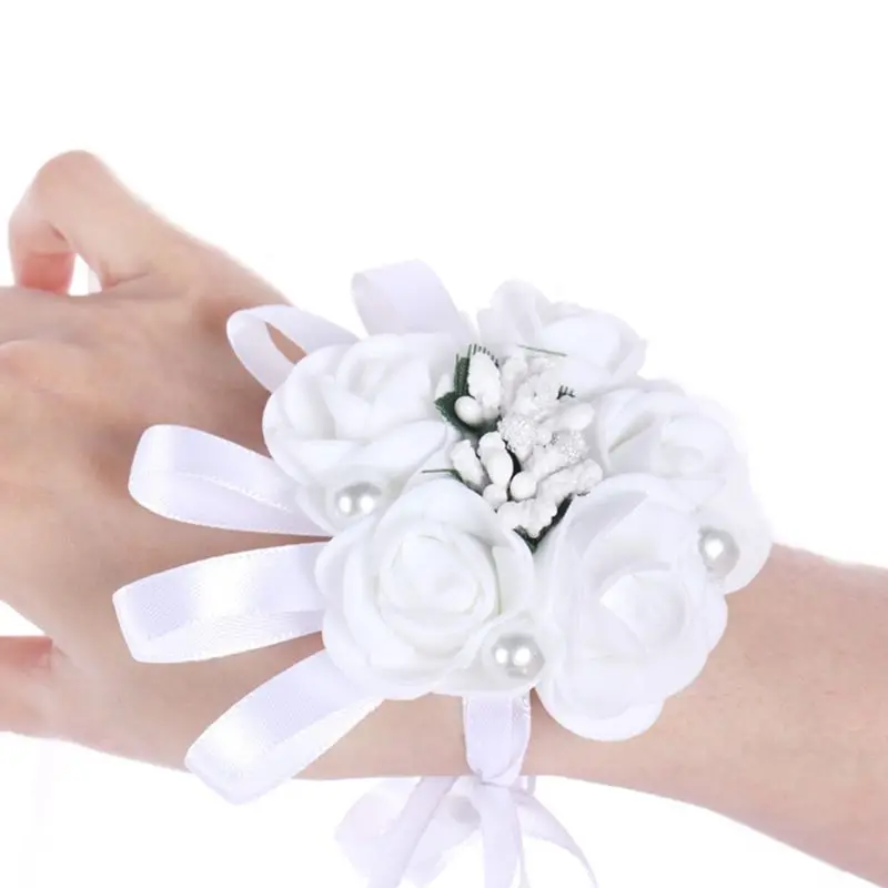 

Women Bridesmaid Girl Wedding White Wrist Corsage Artificial Rose Wrist Flower Imitation Pearl Jewelry Bracelet Prom Party Decor