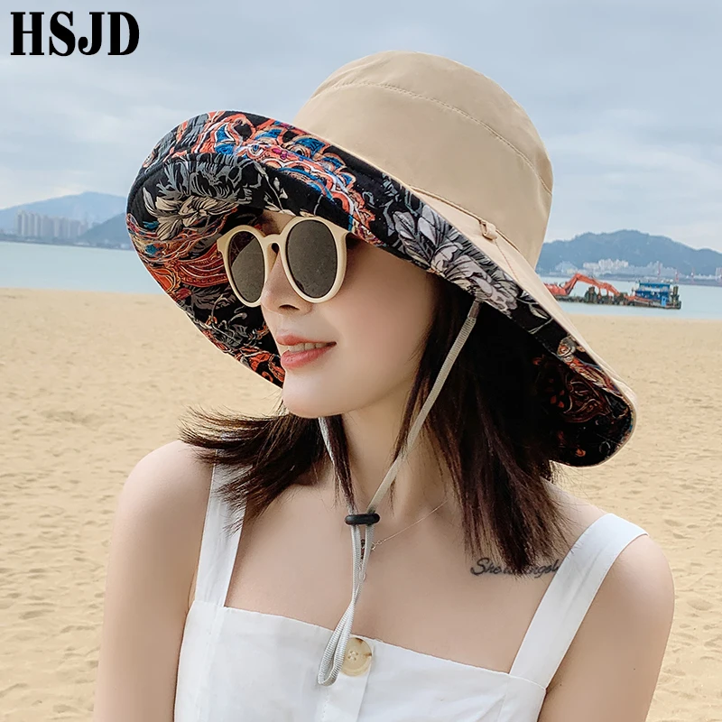 Bohemia Style Double-Sided Flower Sun Hats For Women Summer Large Wide Brim Anti-UV Foldable Beach Hat Female Floppy | Аксессуары для