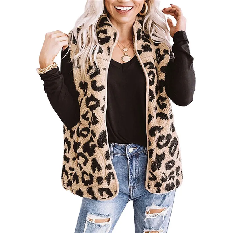 

Casual Women Fuzzy Sherpa Fleece Vesy Lightweight Leopard Print Sleeveless Zip Up Pocket Coat For Winter Streetwear