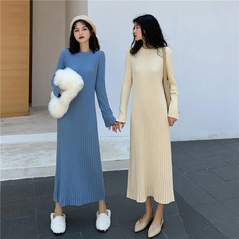 Элегантное платье с длинным рукавом зимнее простое винтажное однотонное вязаное