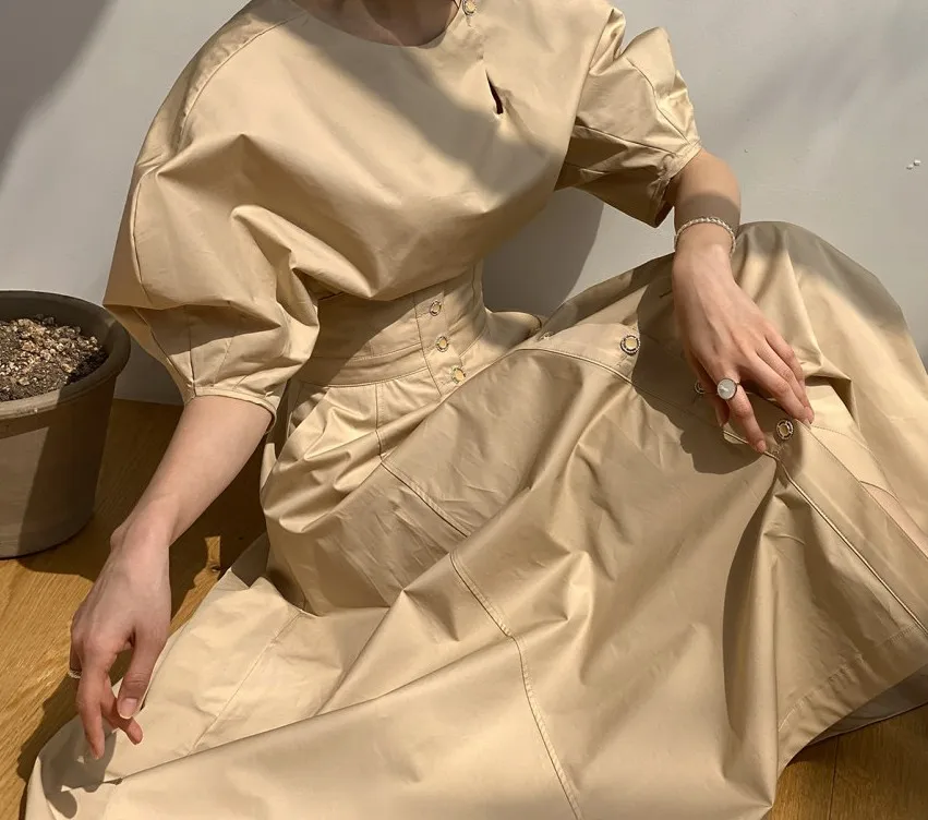 

Korea Summer Elegant Suit Solid Collar Puff Sleeve Chic Blouse Top + High Waist Single-Breasted Big Swing Midi Skirt 2 Piece Set