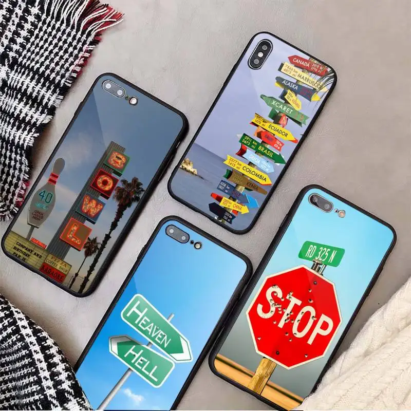 

Travel World Map Road Sign Phone Case Tempered glass For iphone 6 7 8 plus X XS XR 11 12 13 PRO MAX mini