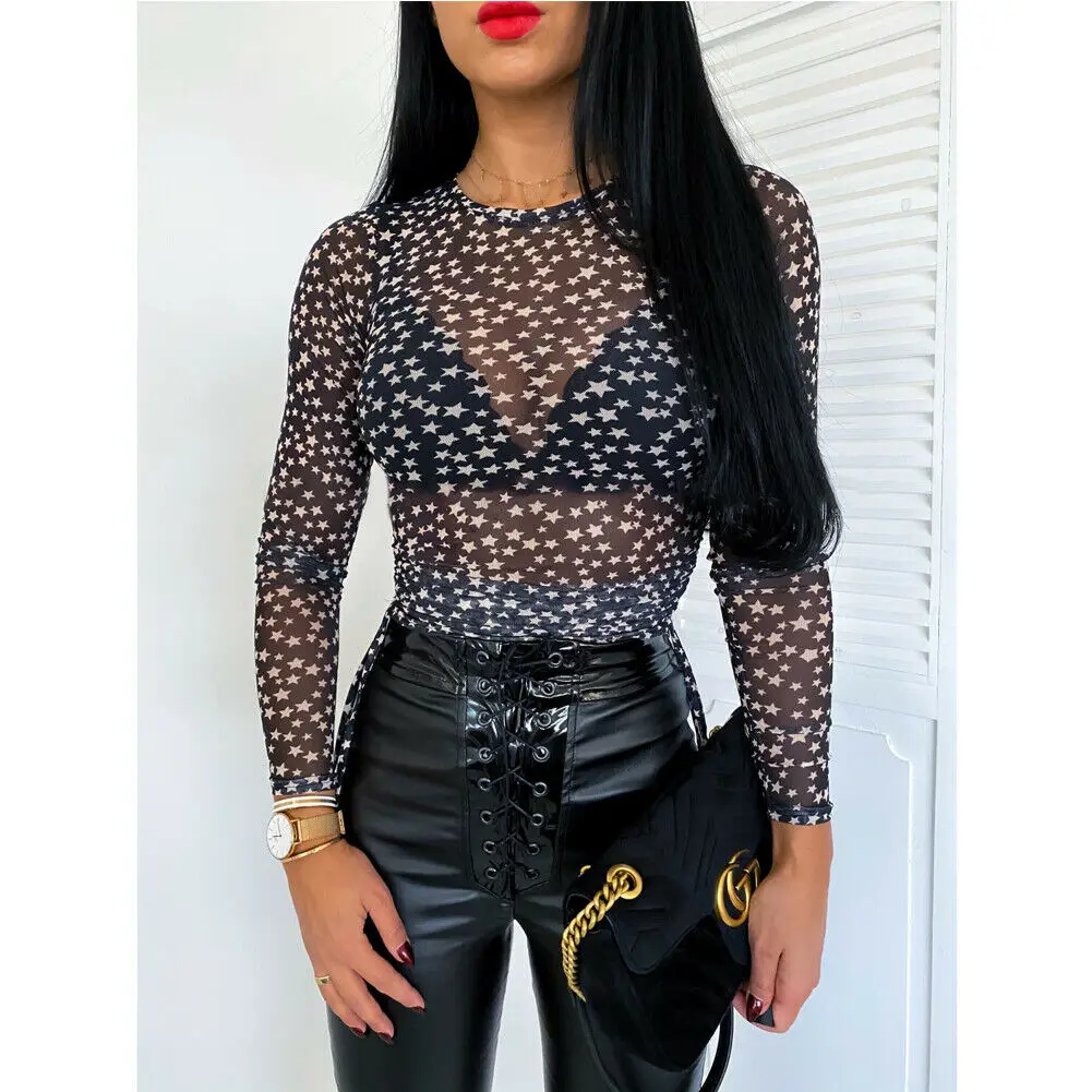 

Summer New Sexy Women's Mesh See Through Tops Long Sleeve Star Print Transparent Blouse Clubwear Laides Slim Shirts Clothes