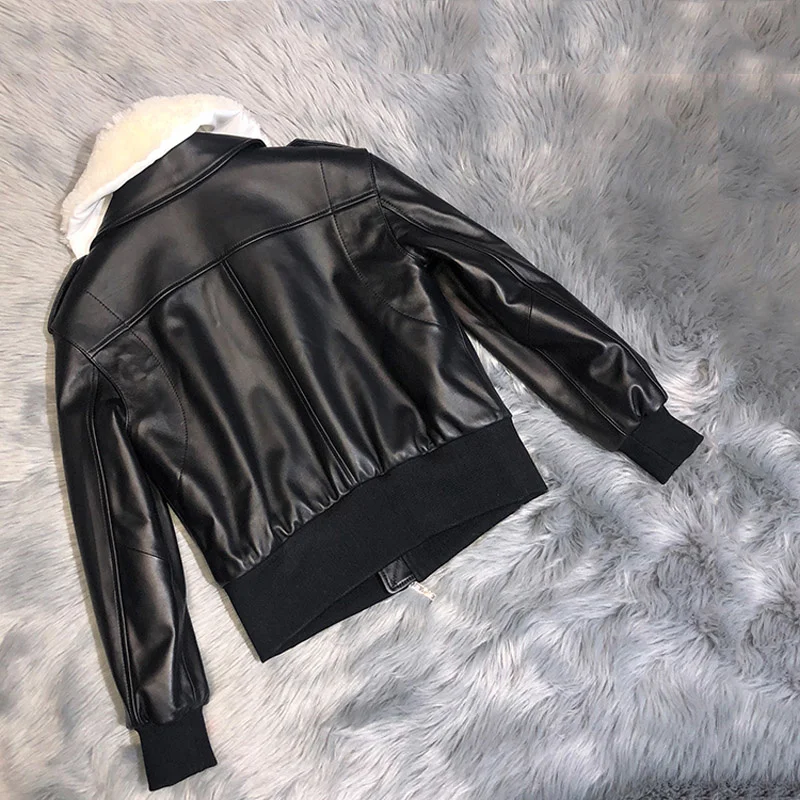 

high quality new brand women coat winter genuine leather jacket with natural real sheep fur collar oversized short clothes