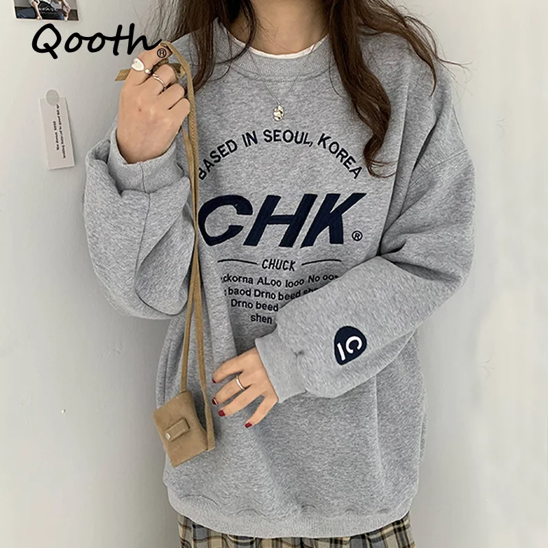 

Qooth Autumn Winter Korean Loose Casual BF Women Sweater O-neck Letter Printed Long Sleeve Pullover Long Ins Girls Tops QT1031