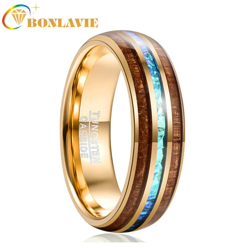 

Hawaiian Koa Wood Ring 6MM Engagement Men Gift Electroplated Gold Inlaid Acacia Imitation Opal Dome Tungsten Carbide Ring