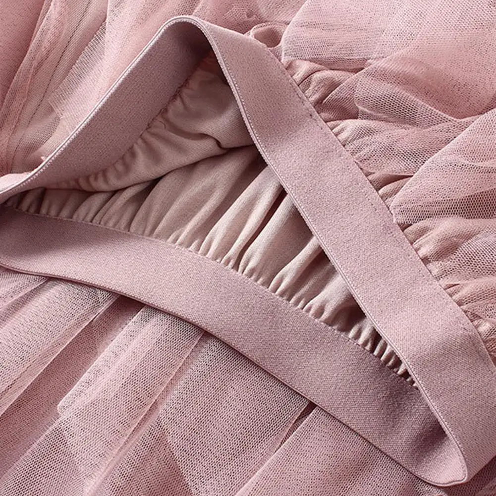 

Casual Women Autumn Solid Color High Waist Elastic Mesh Ruffled Long Tulle Skirt