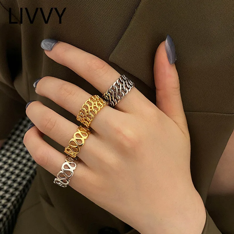 

LIVVY Silver Color Creative Double Layers Hollow Geometry Chain Opening Adjustable Rings for Women Party Fashion Fine Jewelry