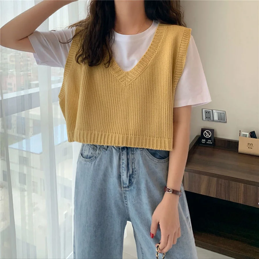

Women Korean Sweater Cardigen Sweet Girl Cute Loose Short V-neck Waistcoat Knitted Sleeveless Waistcoat Top Spring and Autumn