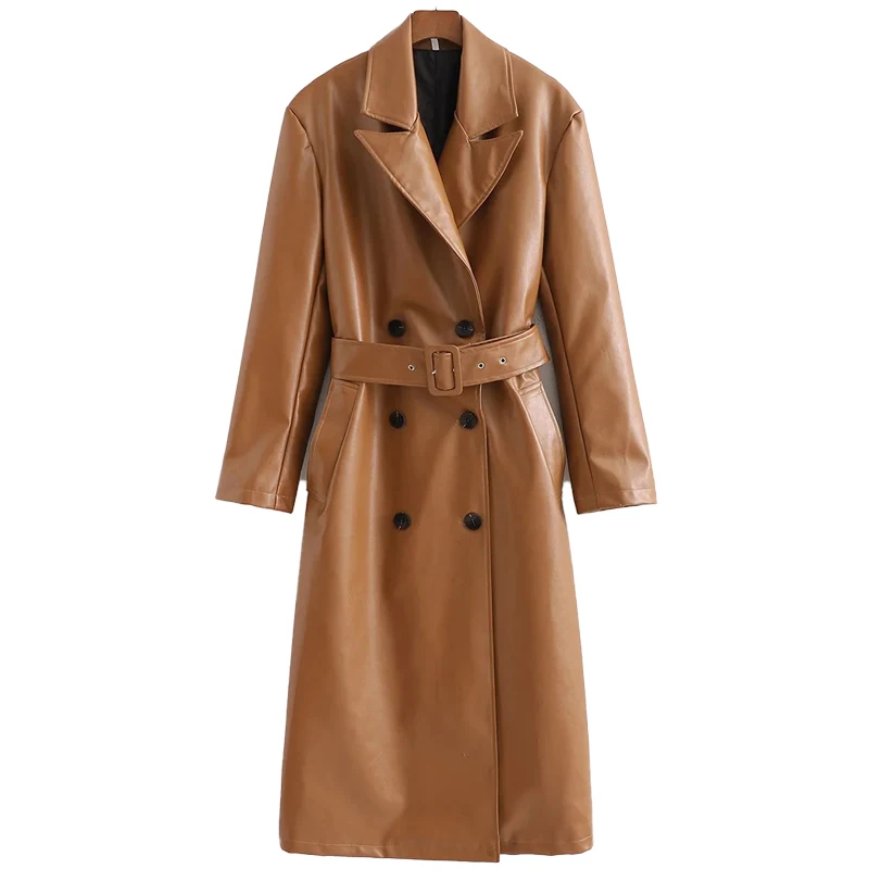 

Однотонное платье из искусственной кожи с длинным рукавом, женская одежда, новинка зимы, длинное пальто из искусственной кожи с поясом на та...