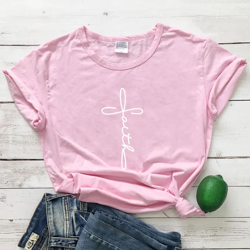 pink-white text Крест вера футболка с печатными буквами унисекс религиозных христианской церкви футболка лето экипаж шеи Графический лозунг Oversize-футболка - Цвет: pink-white text