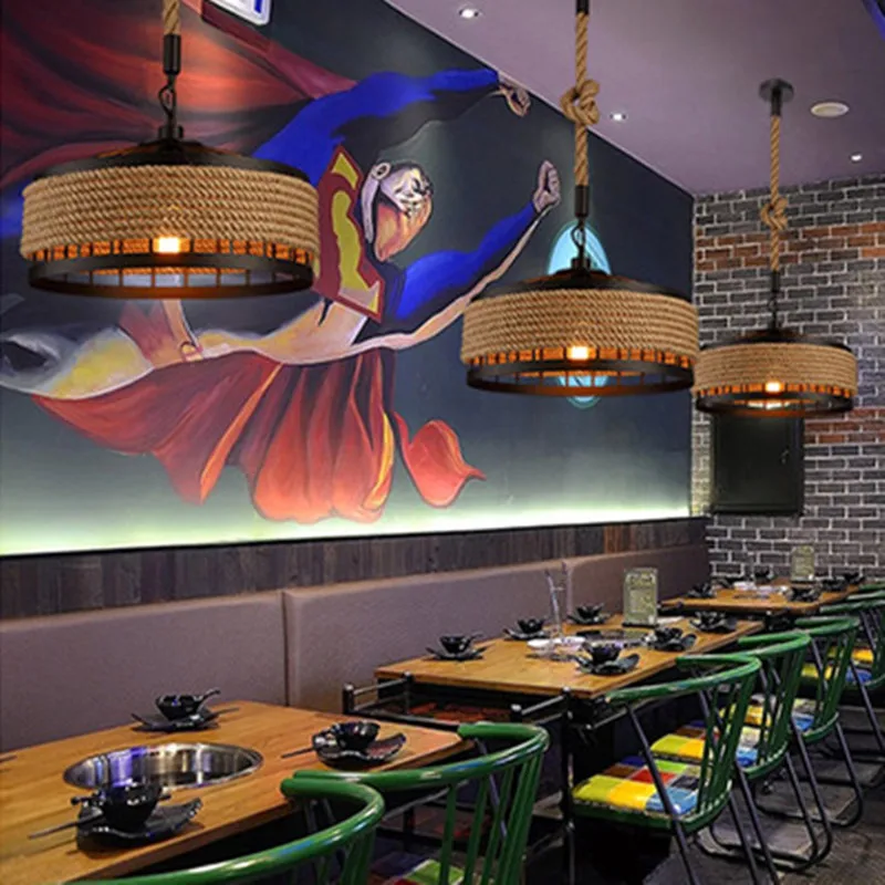 

Attic retro industrial style American wrought iron rope creative chandelier personality restaurant decoration lamp