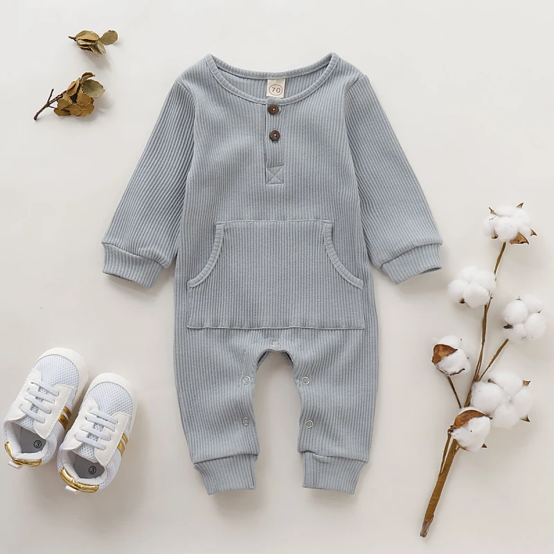

Infant Baby Autumn Romper Long-sleeved Pit Strip Solid Color Robe Baby Pocket Rompers