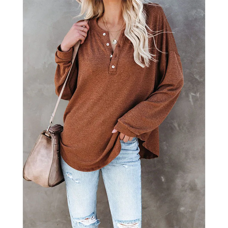 

Autumn Solid Color Button Open-neck T-shirt New Round Neck Long-sleeved Top Fashion Loose Plus Size Ladies Long-sleeved Top