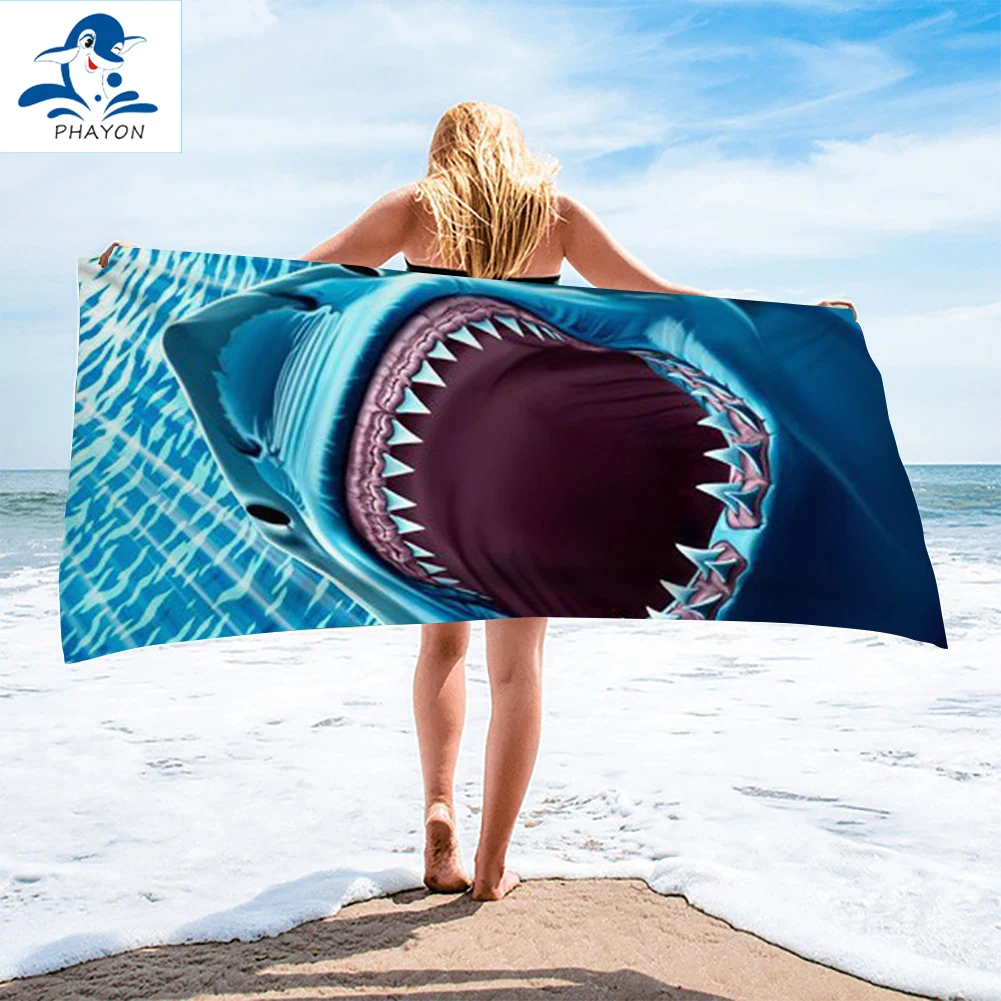 

PHAYON 1Pcs Quicky-dry Microfiber Bath Towels Fiercely Shark 75*150cm Beach Towel Animals Large Sport Towels Camping Accessories