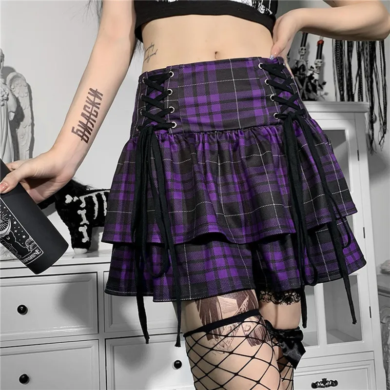 

Women Gothic Plaid Dual Layer Bottoms Mini Skirt Sexy Lace Up Pleated Dating Club Party Teen Skirt Casaul Street A-line Skirt