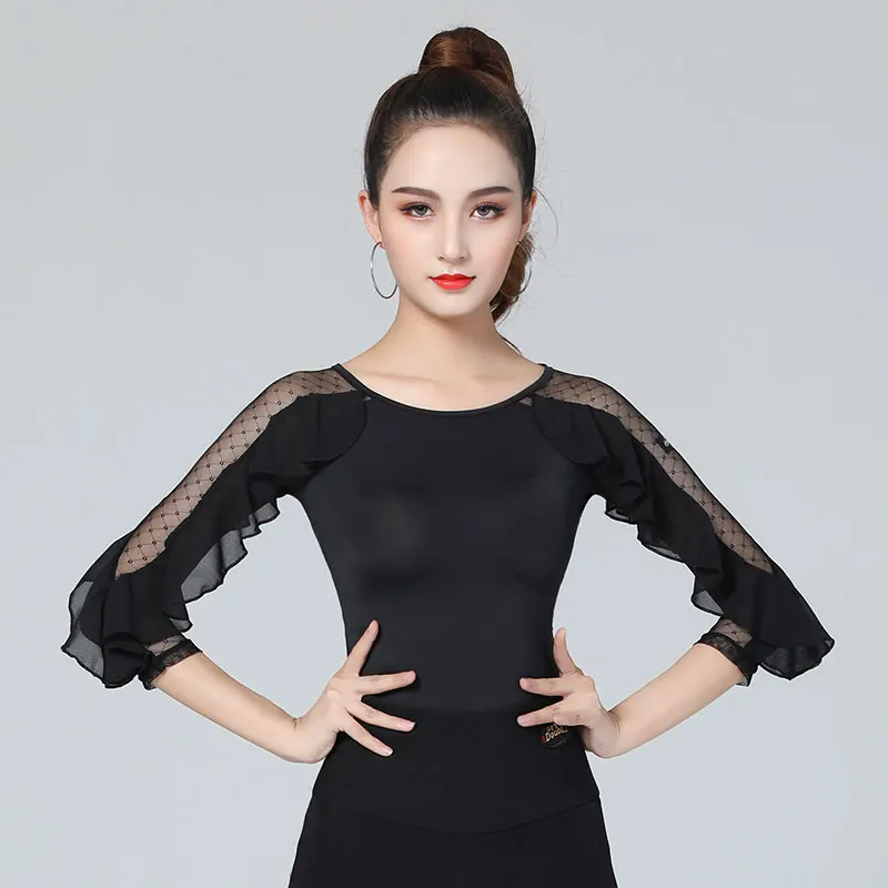 

2020 New Round Neck Latin Dance Tops Adult Ladies Sexy Slim Practice Clothes Cha Cha Rumba Samba Dancing Shirt DL5908
