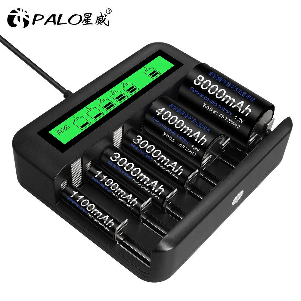 PALO 8 Slot Smart Battery Charger 1.2V AA AAA C D size NiMH For aa aaa Rechargeable Batteries | Электроника