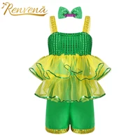 green kids girls shiny sequins gymnastics unitards dress mesh short jumpsuit bowknot hairpin modern dance performance costume