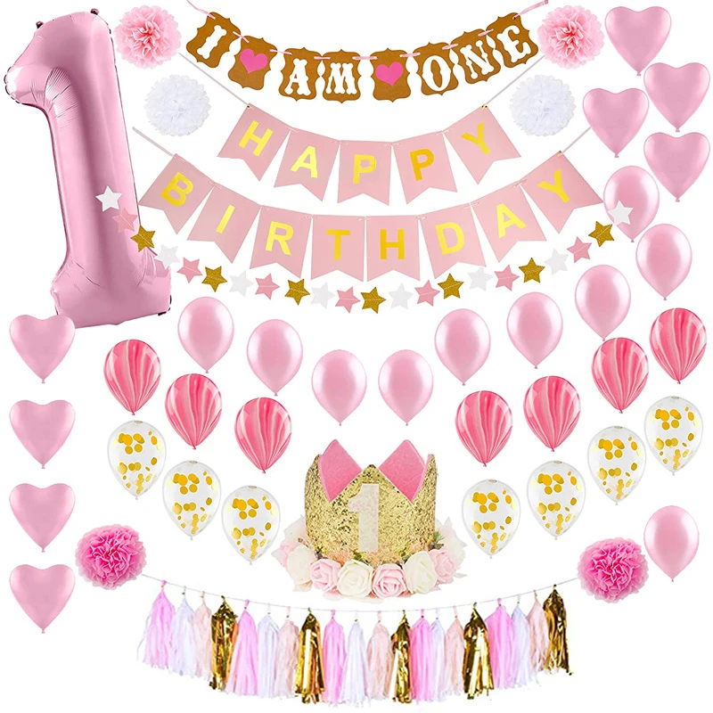 

Pink 1st Birthday Balloon Set Crown Hat Number 1 Foil Balloon I Am One Banner for Girl boy 1 Year Old Birthday Party Decoration