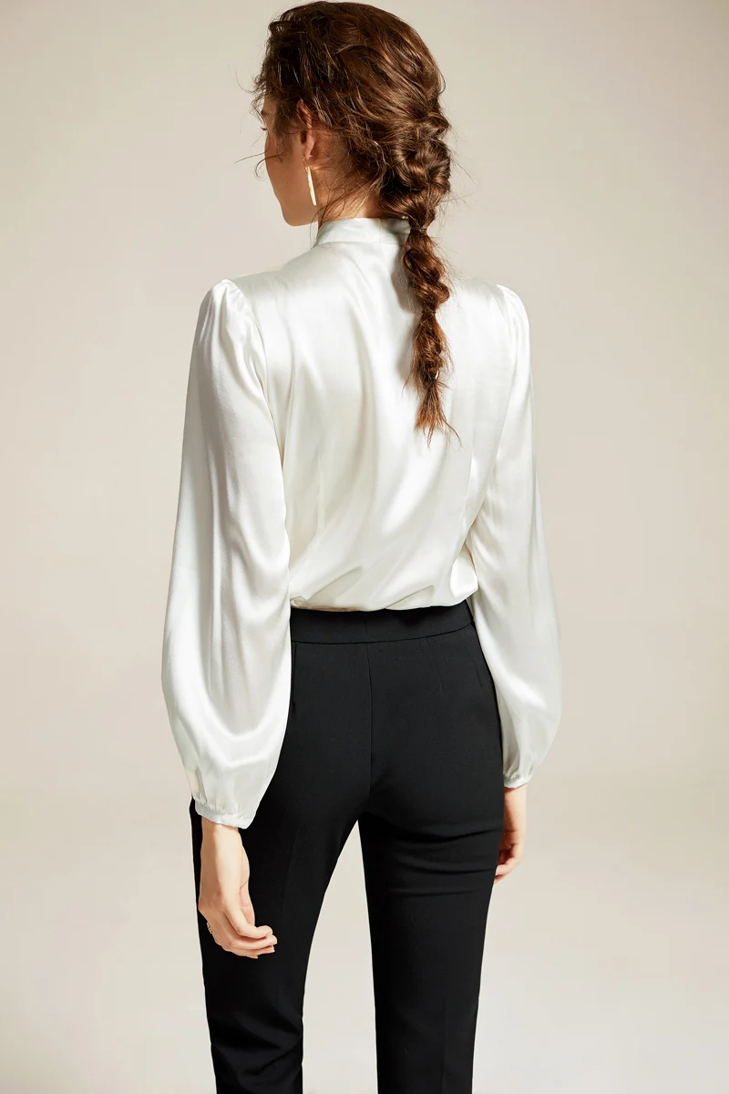 100% Шелковая женская рубашка с поясом и бантом на воротнике длинными рукавами