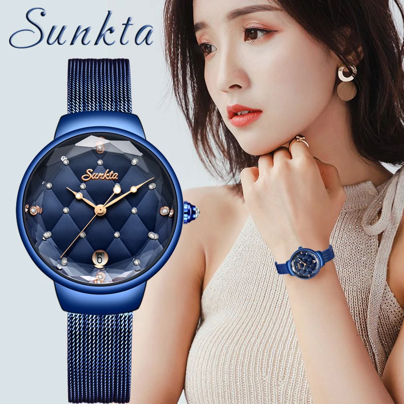 Часы наручные SUNKTA женские кварцевые модные золотистые повседневные