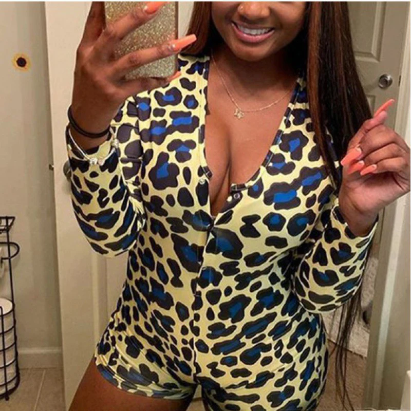 

Sexy Women Bodysuit Skinny Playsuit Sleeveless Deep V Neck Bodycon Stretch Leotard Button Short Romper Pajama Jumpsuit Sleepwear