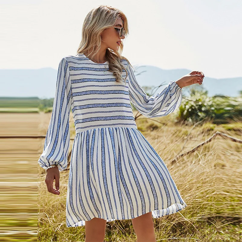 

2021 Spring Summer New Lantern Sleeve Striped Dress Women Casual O Neck High Waist Knee Length Dress For Women Dress