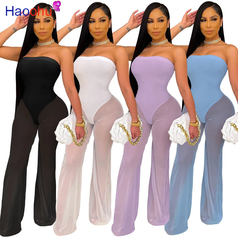 

HAOOHU Sexy Clubwear Bodycon Sleeveless Jumpsuit Women Mesh Transparent Romper 2021 Ladies Backless Skinny Jumpsuit