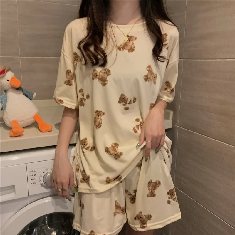 Летний пижамный комплект с мультяшным медведем Женский Забавный домашний костюм