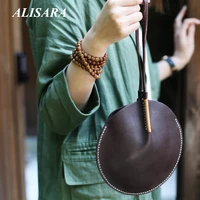 2021 designbag for women mobile phone japanese style retro round original clutch first layer leather cowhide handmade hand bag