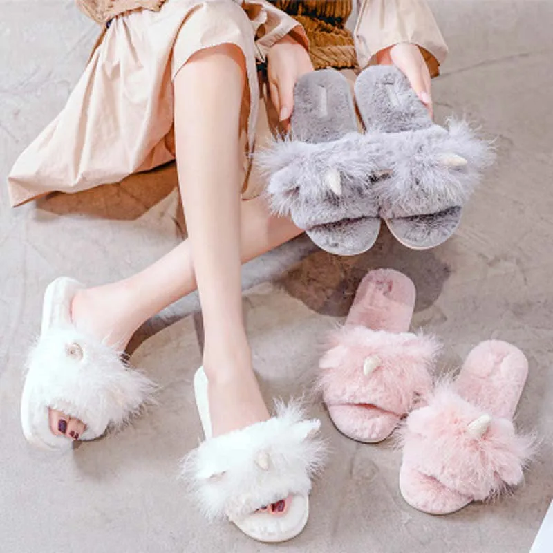 Hot selling handmade plush shoes  hot style one-word cotton slippers for home wear non-slip plush slippers women