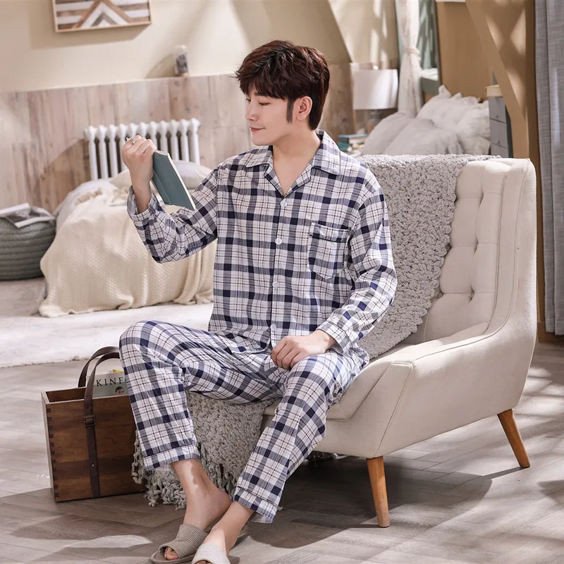 

Men's Pajamas Korean Style Loose Printing Long-Sleeved Cardigan Lapel Double-Sided Thick Knitted Cotton Home Service