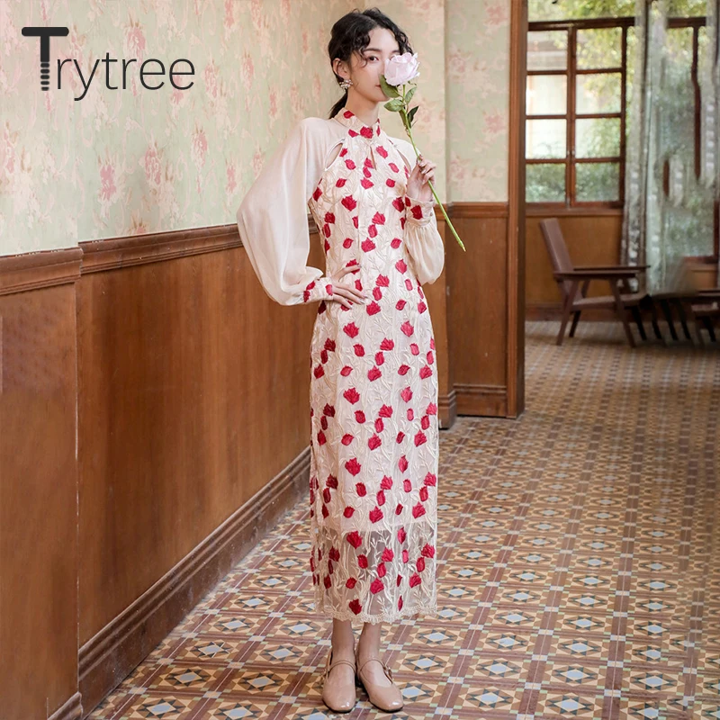 Весеннее женское платье Trytree 2020 Повседневное с воротником-стойкой и