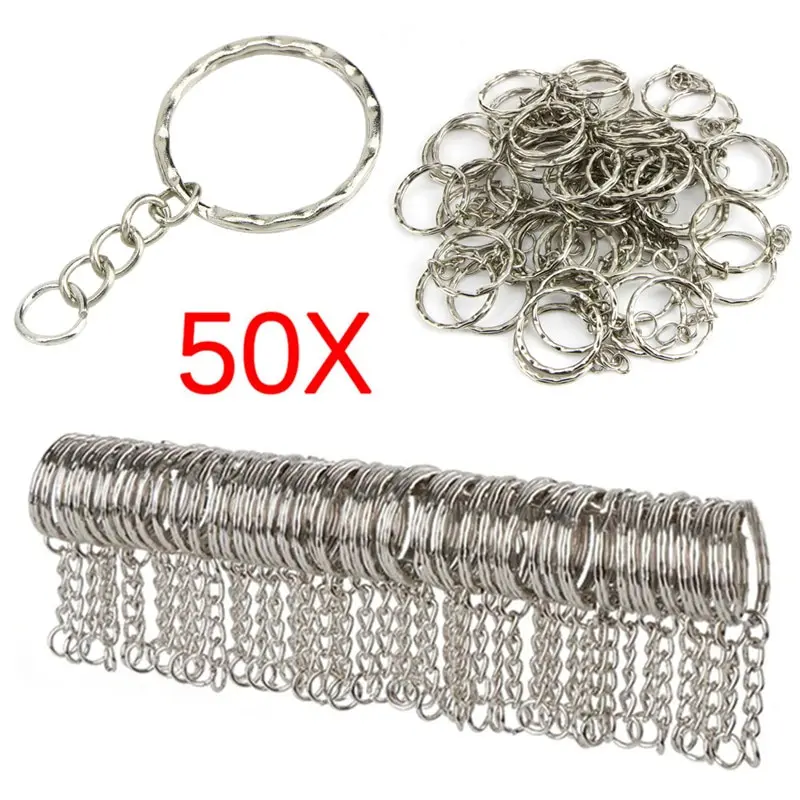 

50pcs Women Men Polished Silver Keyring Keychain Split Ring With Short Chain Key Rings Dia 25mm DIY Bag Accessories