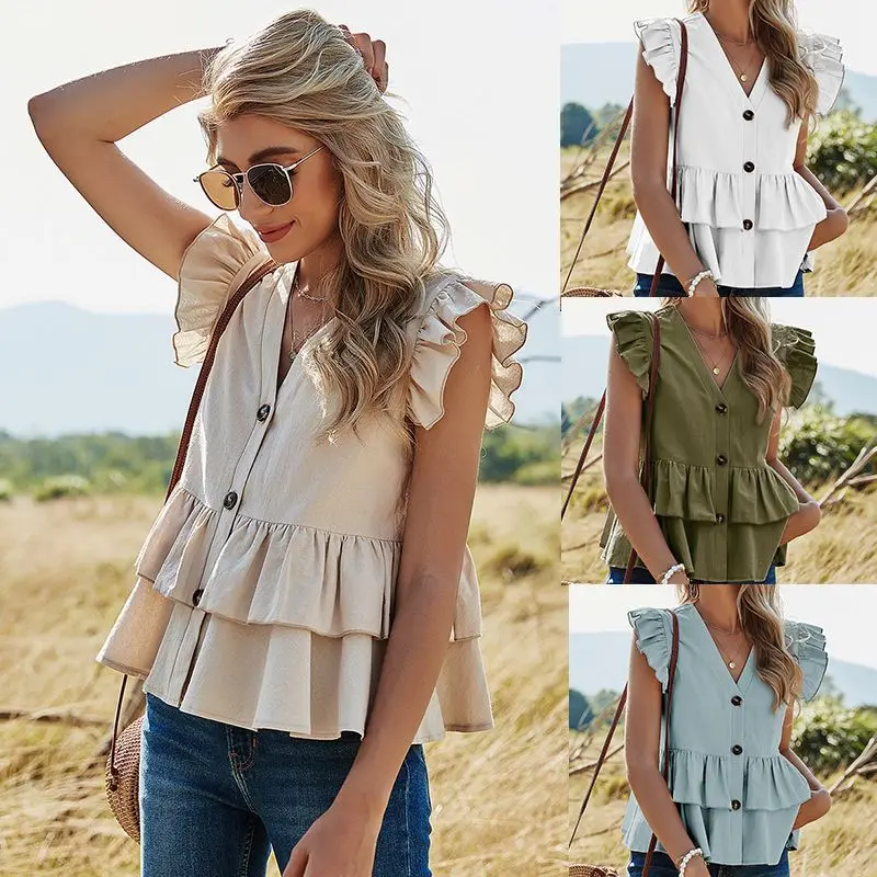 

Женский однотонный топ без рукавов, повседневный однобортный Топ в европейском и американском стиле с V-образным вырезом и оборками, лето 2021