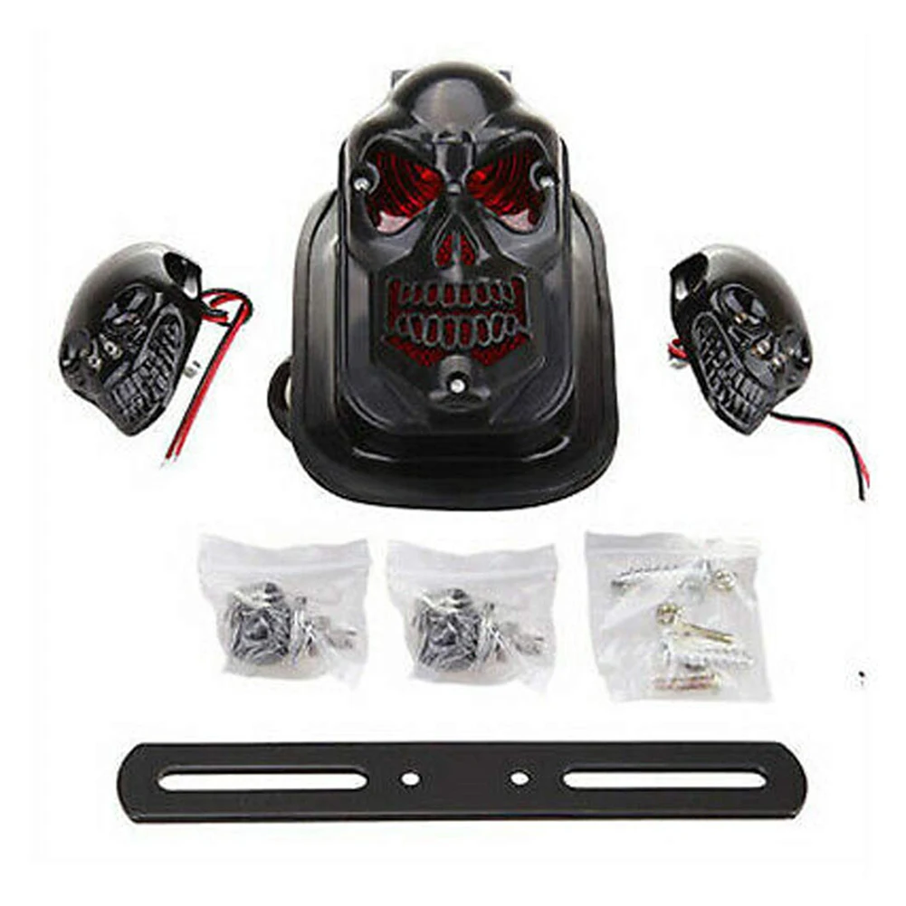 Chrome Skeleton Style Modified Motorcycle LED Black Skull Taillight with Turn Signal Motorbike Tail Lights Plus Steering |