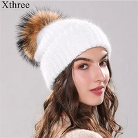 xthree 70 angola rabbit fur knitted hat with real fur pom pom hat skullie beanie winter hat for women girl s hat female cap