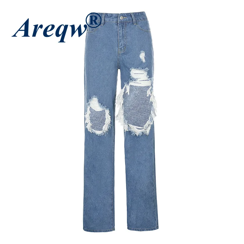 

Jeans Women 2021 New Women's Pants Street Shooting Personality Ripped Beggar Pants Women's High Waist Straight Pants