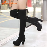 brand female fashion over the knee solid platform round toe zipper thick high heels boots women party office sexy shoes woman
