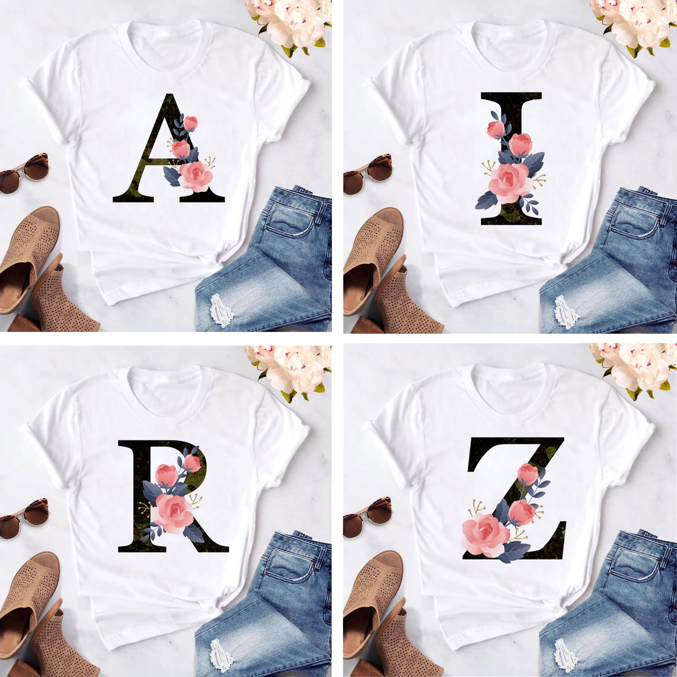 

Female Casual Short Sleeve Tshirts Summer New Fashion 26 English ABCD Letters Flower Printed Women T-shirt Girls Cartoon Tops