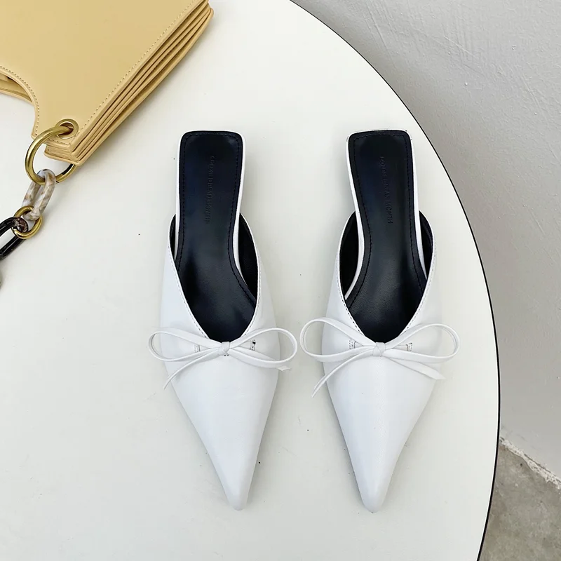 Туфли лодочки женские без задника заостренный носок кожа бант каблук сандалии и